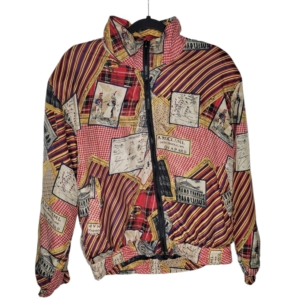Vintage 80s Silk Postcard International Travel Striped Patch Bomber Jacket